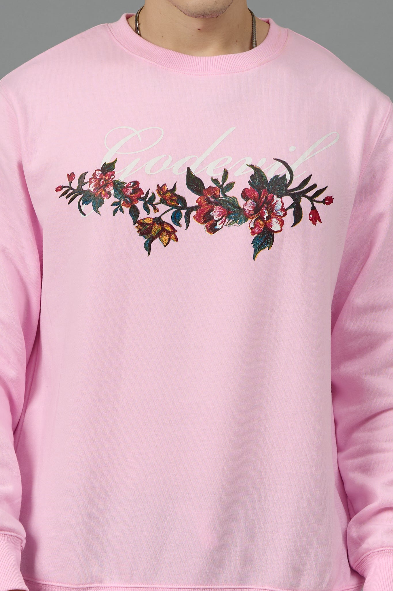 Go Devil with Flower Printed Pink Sweatshirt for Men