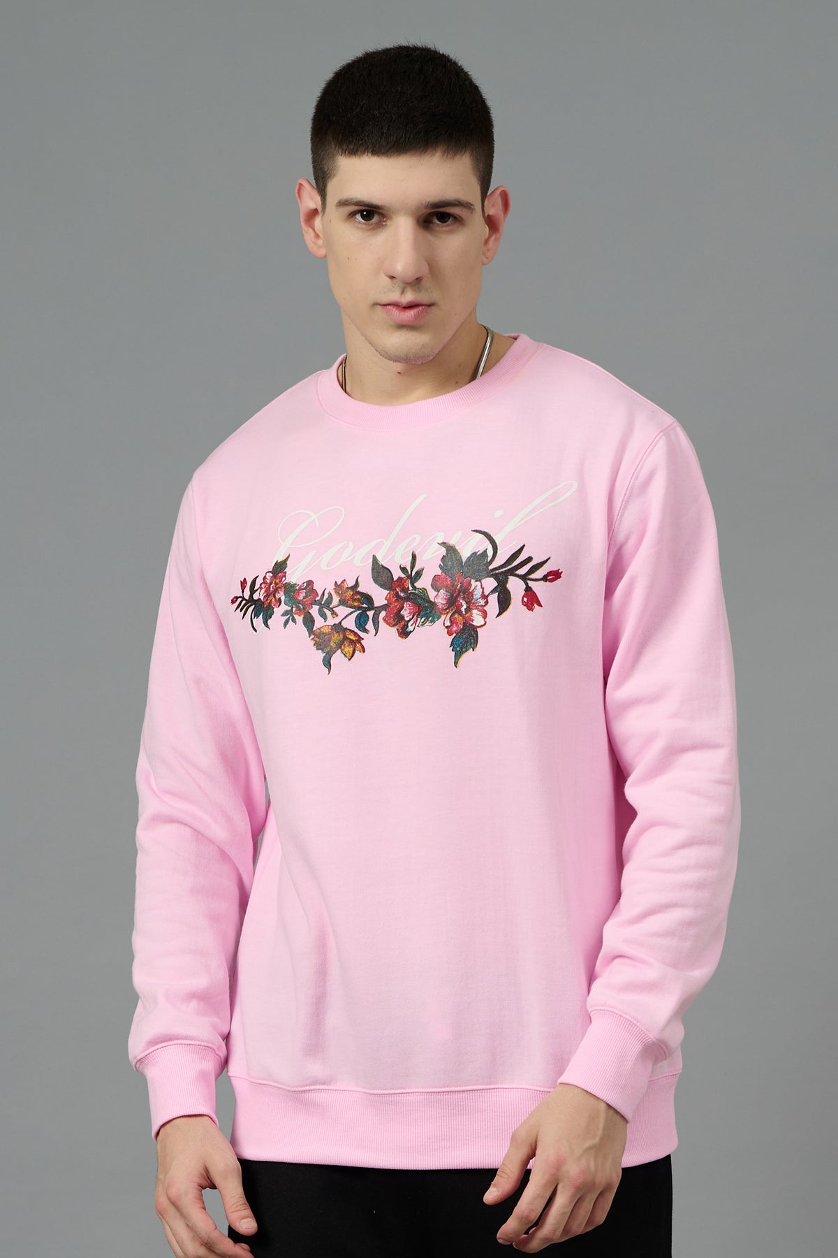 Go Devil with Flower Printed Pink Sweatshirt for Men