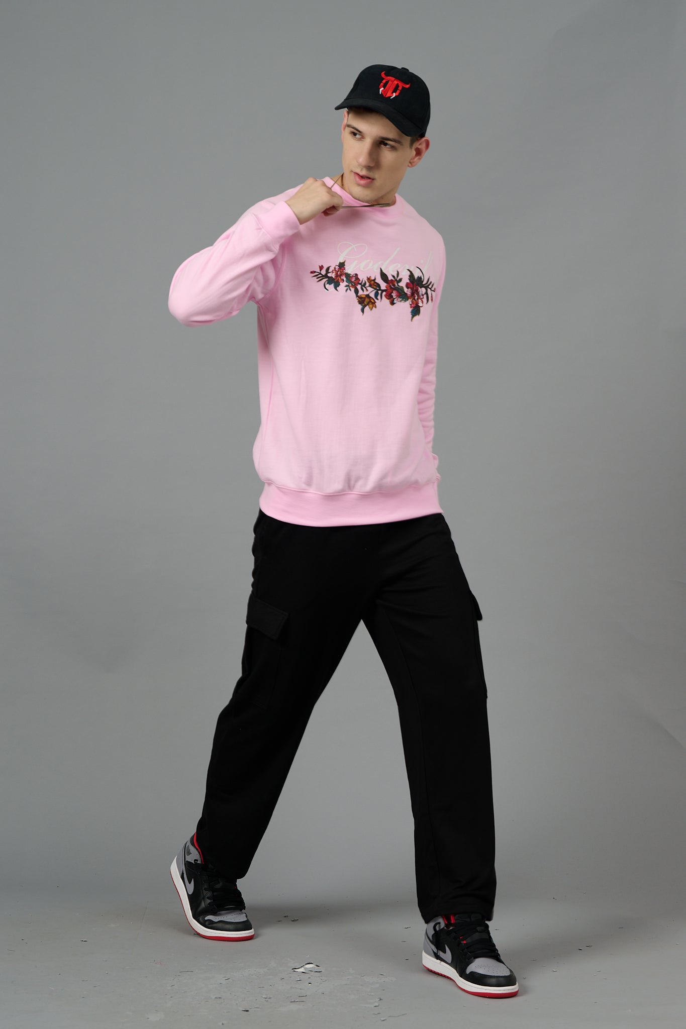 Go Devil with Flower Printed Pink Sweatshirt for Men