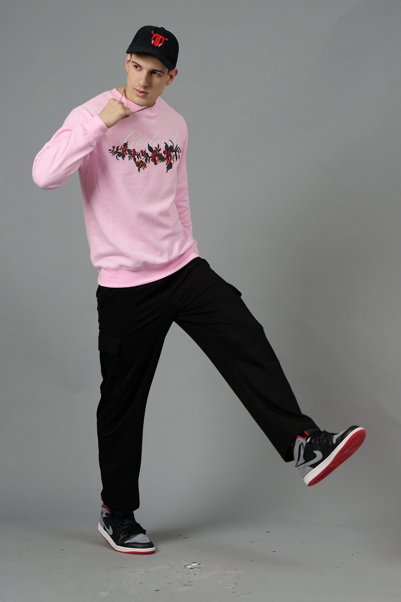 Go Devil with Flower Printed Pink Sweatshirt for Men