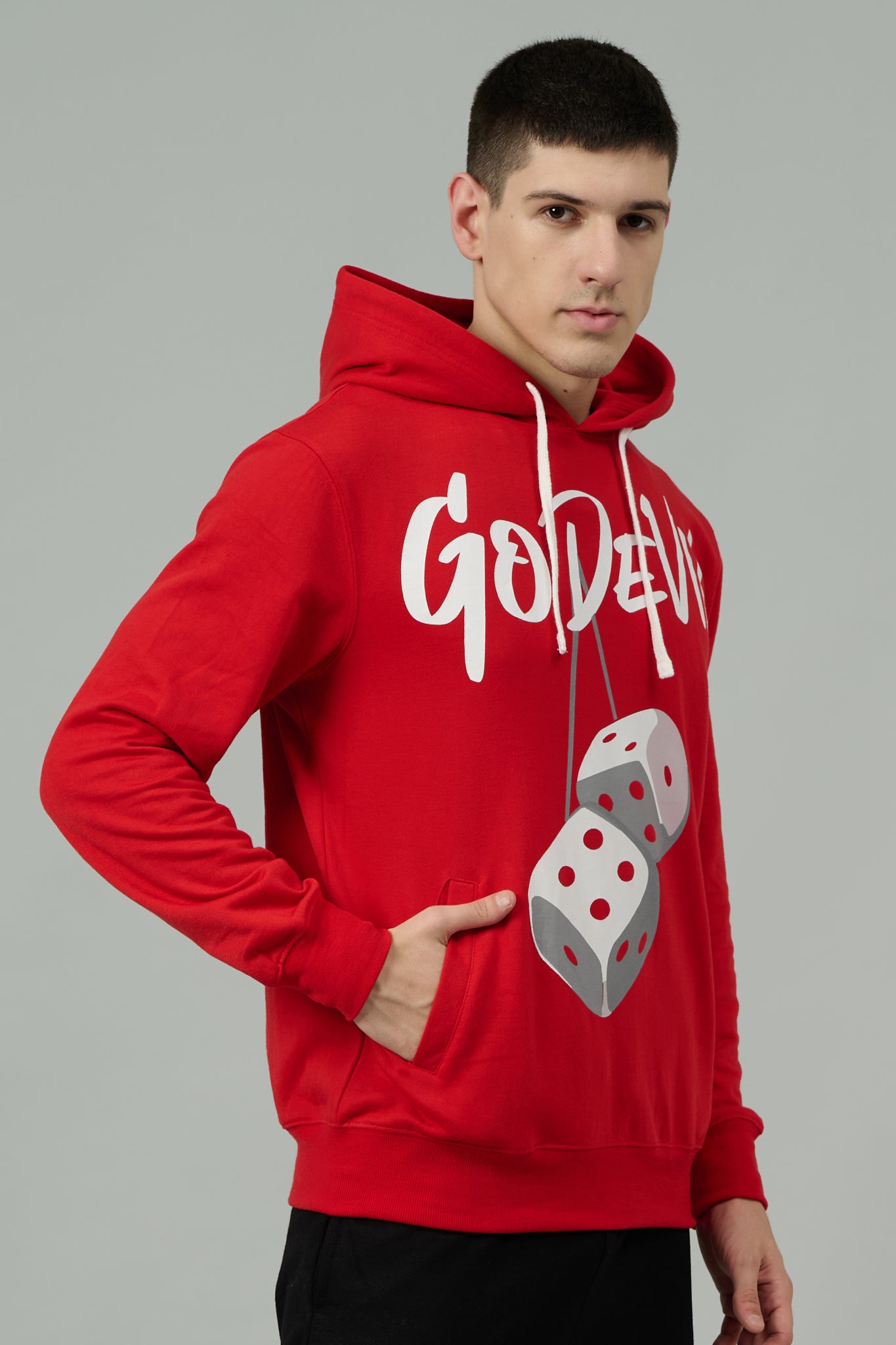 Go Devil Dice Printed Red Hoodie for Men