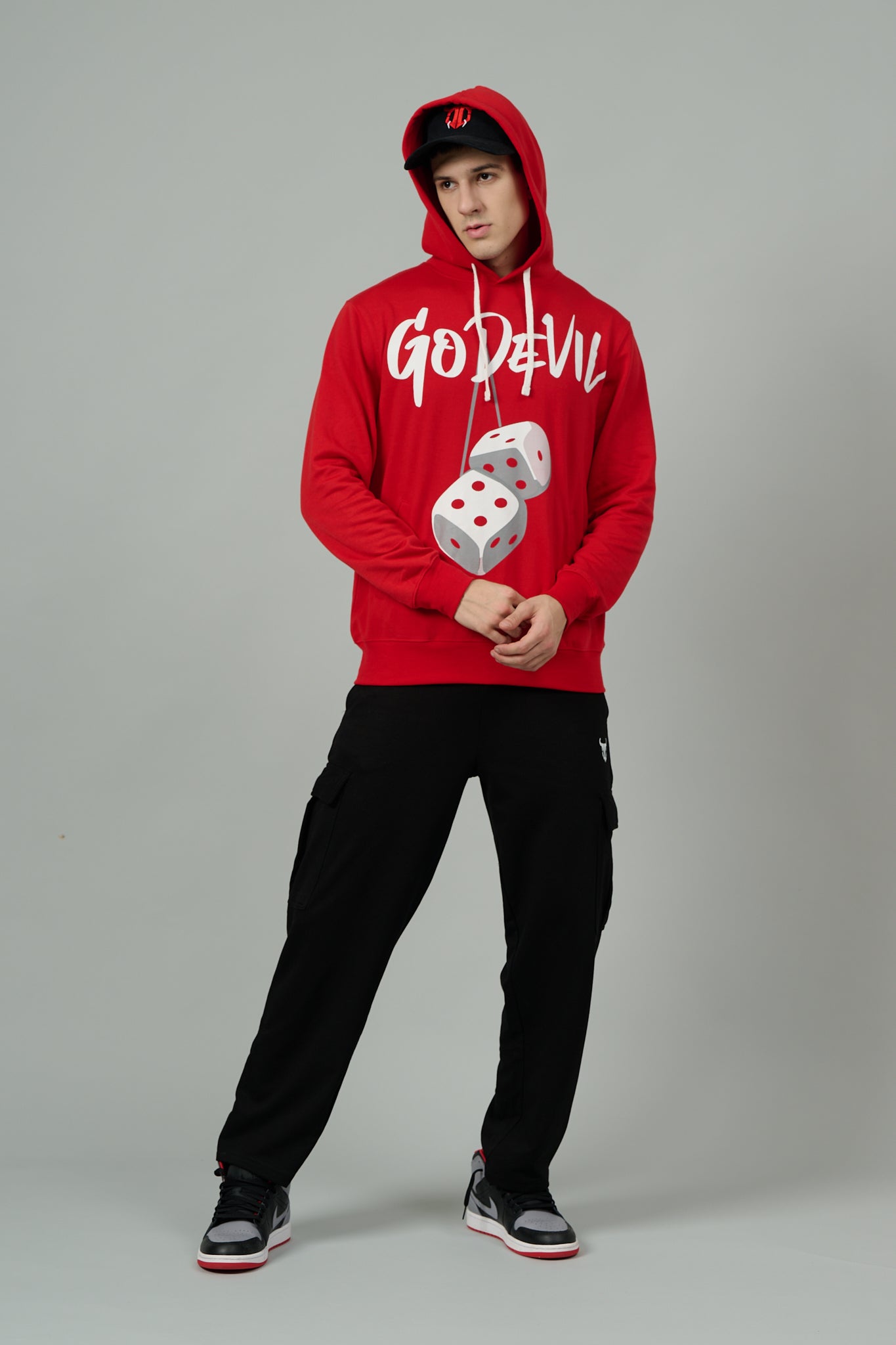 Go Devil Dice Printed Red Hoodie for Men