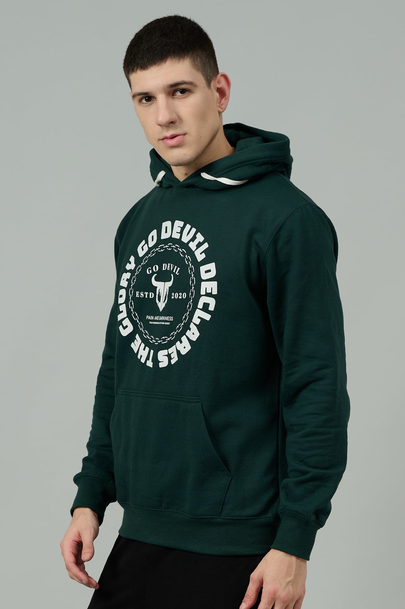 Go Devil Logo Printed Dark Green Hoodie for Men