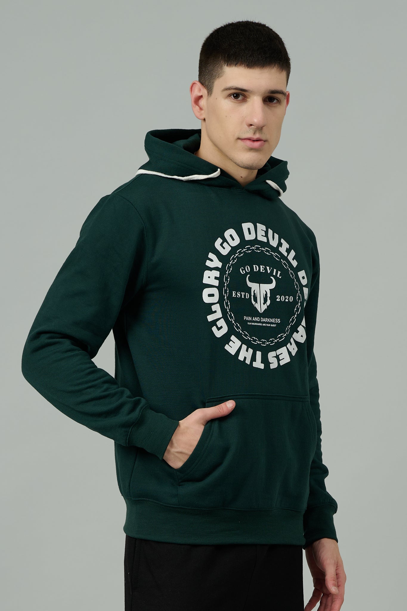 Go Devil Logo Printed Dark Green Hoodie for Men