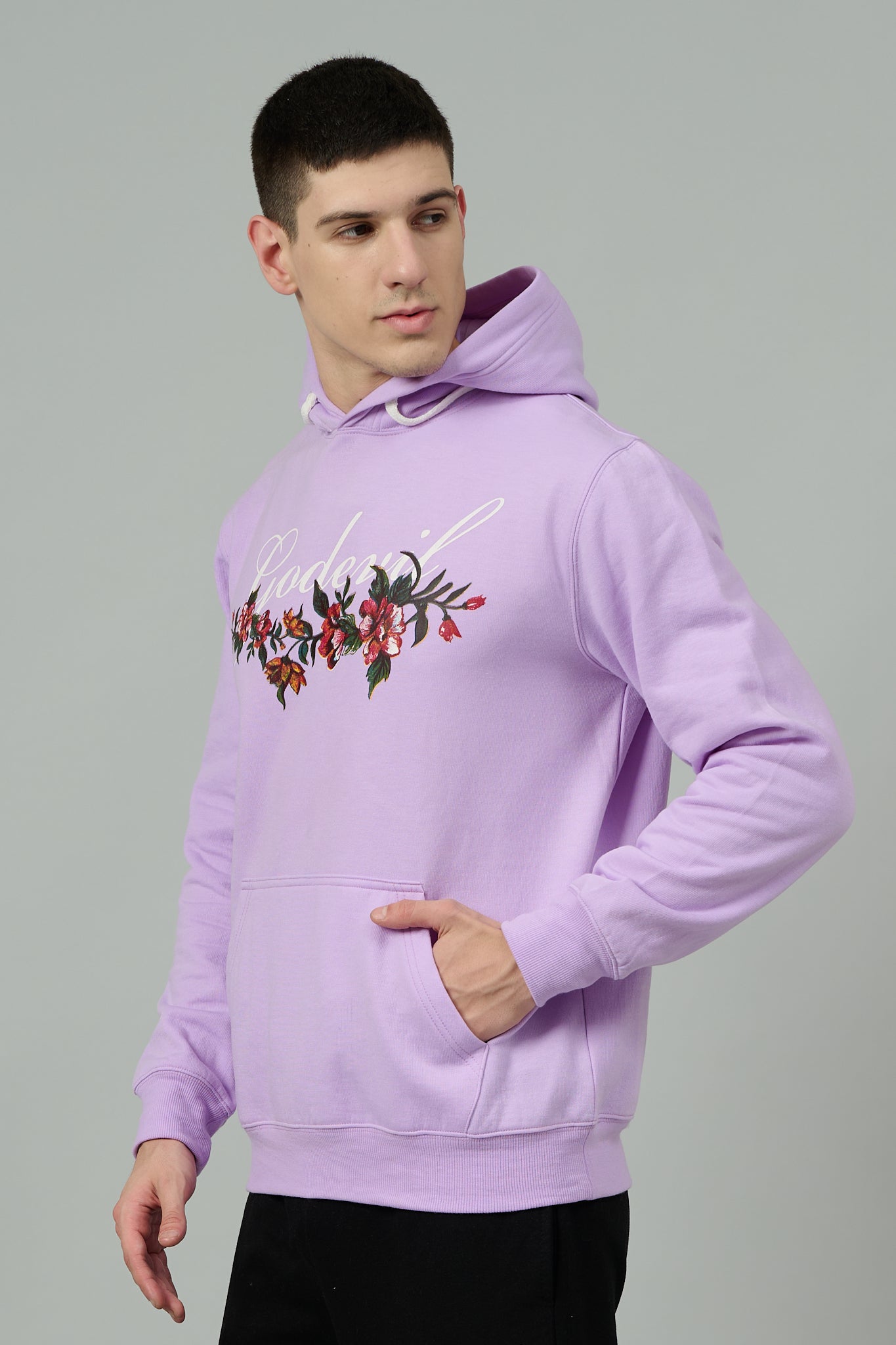 Go Devil with Flower Printed Purple Hoodie for Men