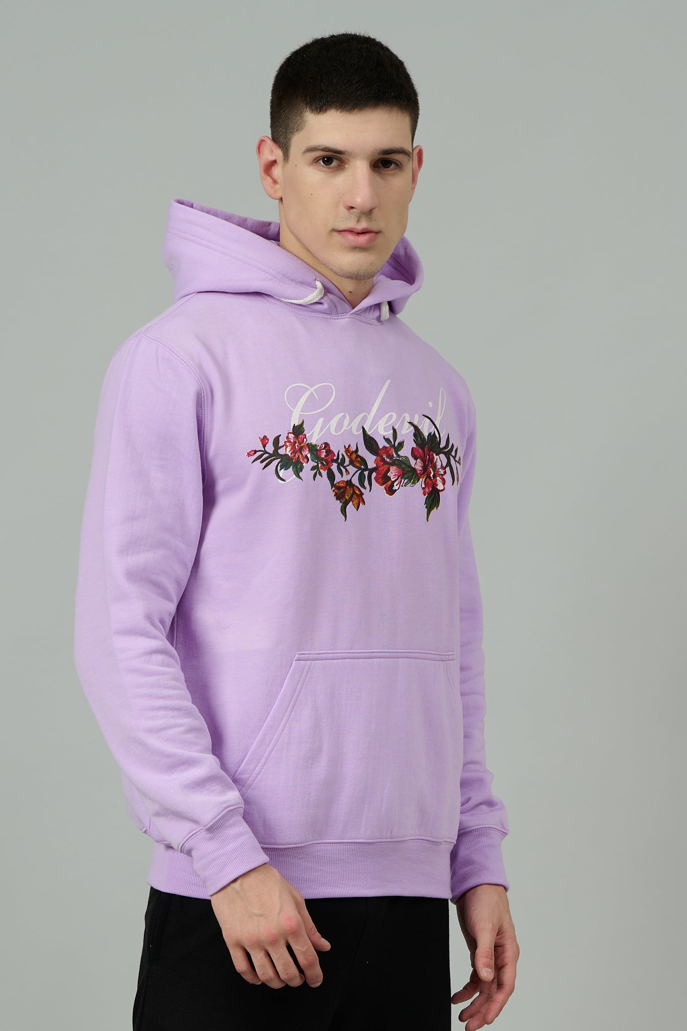 Go Devil with Flower Printed Purple Hoodie for Men