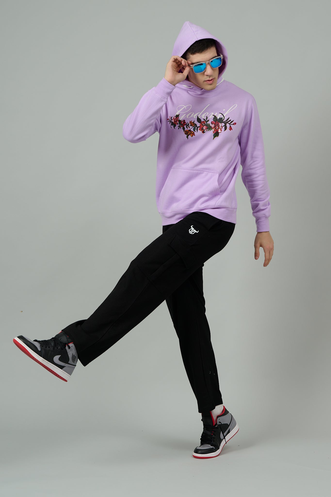 Go Devil with Flower Printed Purple Hoodie for Men