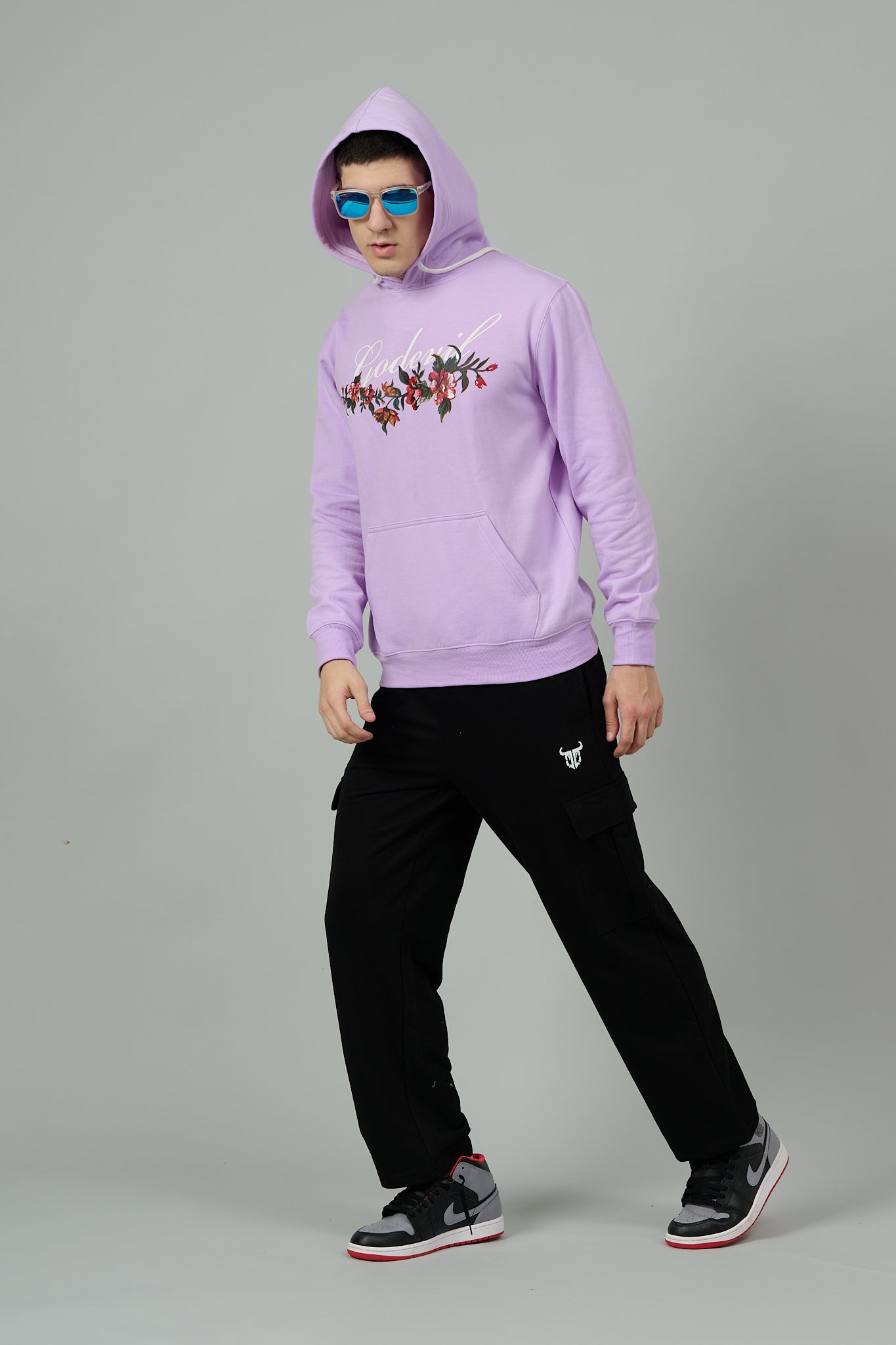 Go Devil with Flower Printed Purple Hoodie for Men