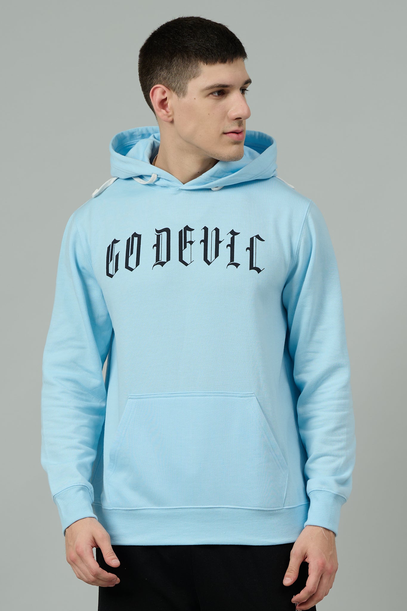 Go Devil Back Dice Printed Sky Blue Hoodie for Men