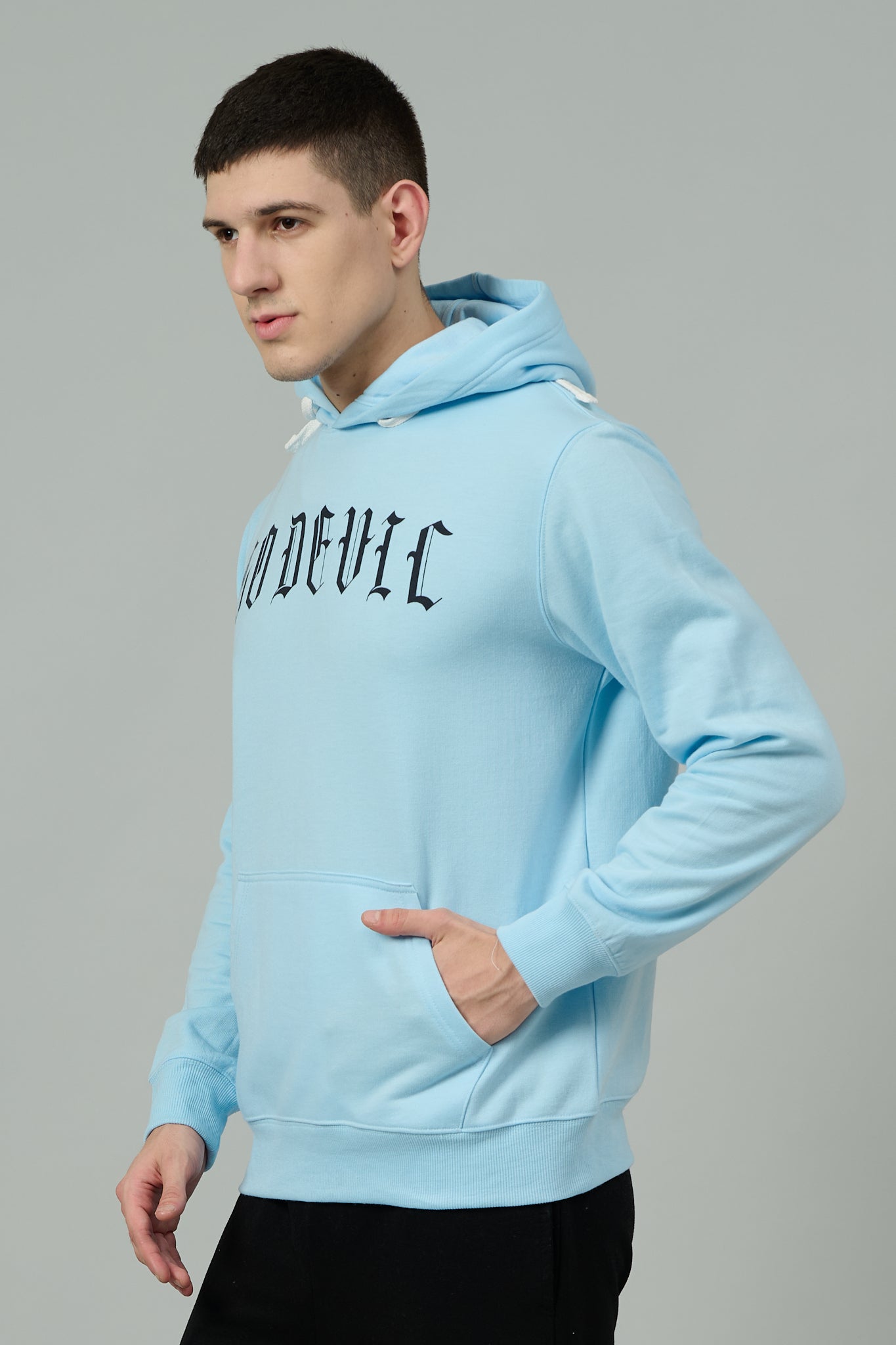 Go Devil Back Dice Printed Sky Blue Hoodie for Men