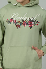 Go Devil with Flower Printed Green Hoodie for Men