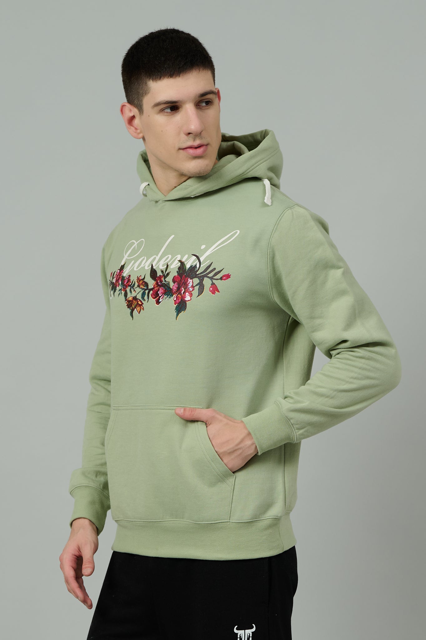 Go Devil with Flower Printed Green Hoodie for Men