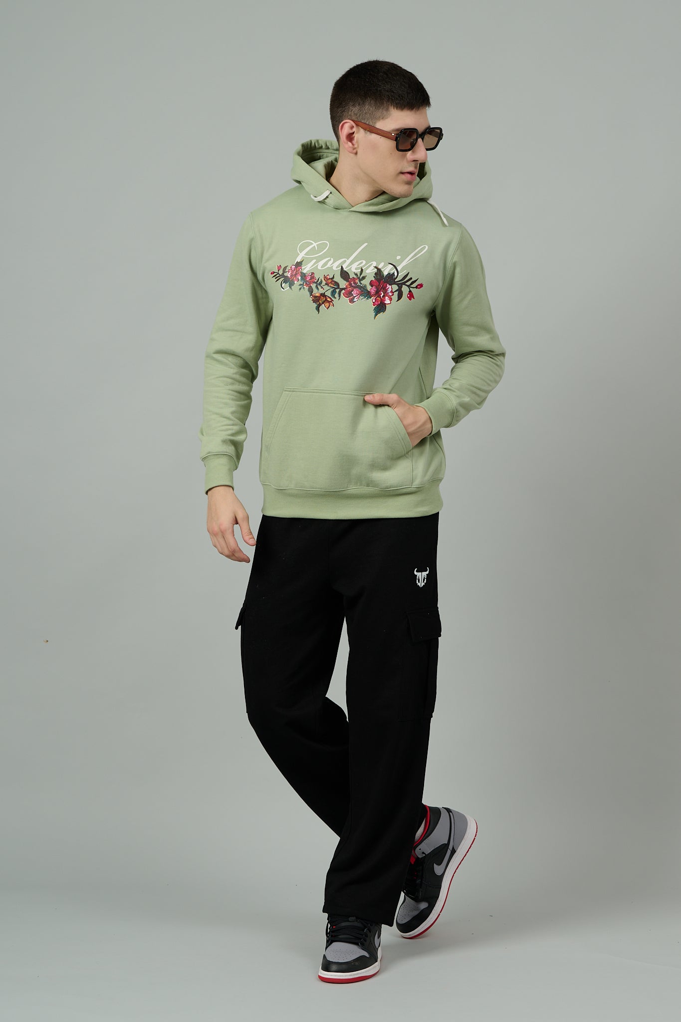 Go Devil with Flower Printed Green Hoodie for Men