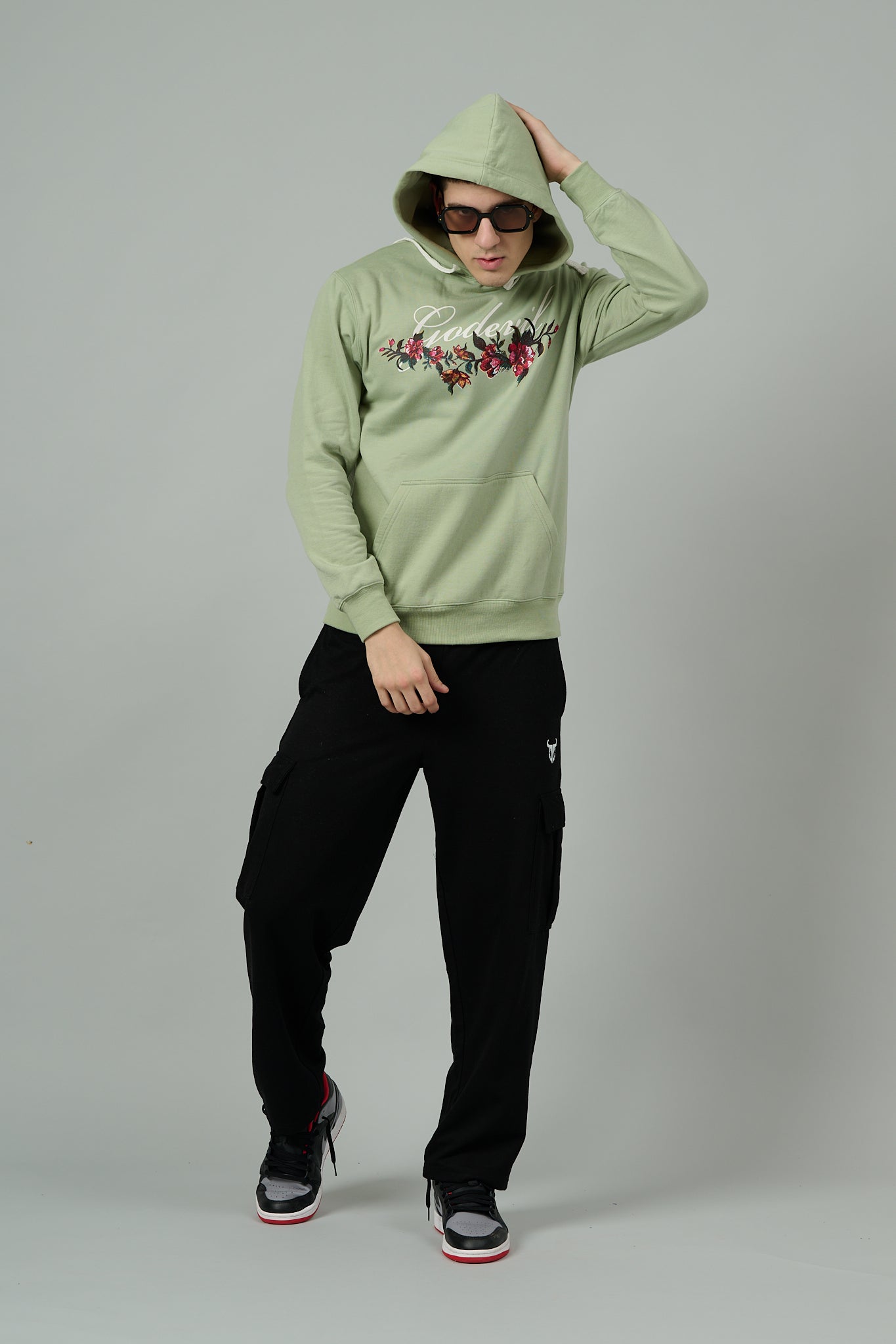 Go Devil with Flower Printed Green Hoodie for Men