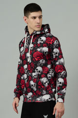 Skull with Rose Printed Black Hoodie for Men