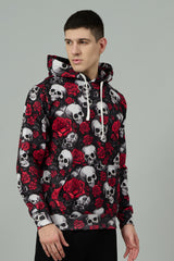 Skull with Rose Printed Black Hoodie for Men