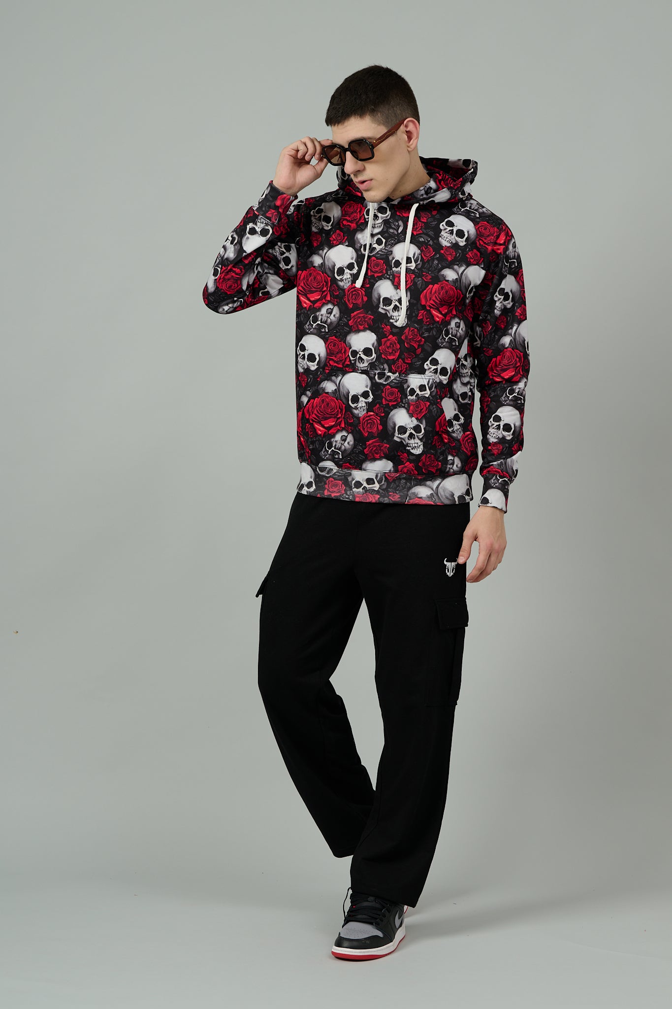 Skull with Rose Printed Black Hoodie for Men