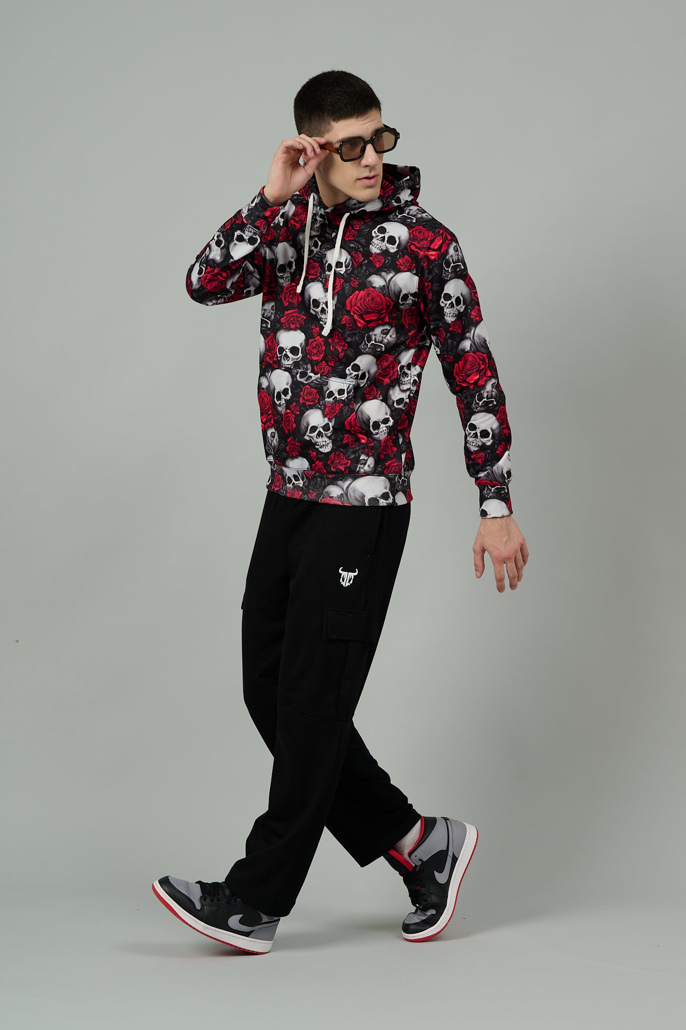 Skull with Rose Printed Black Hoodie for Men