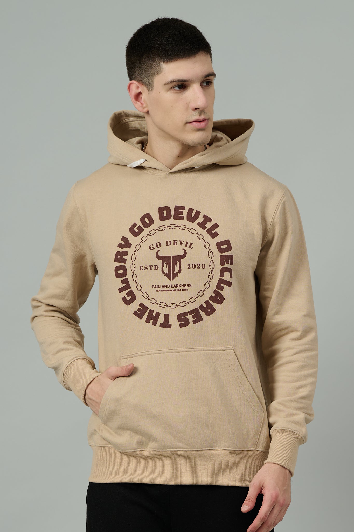 Go Devil Logo Printed Ivory Hoodie for Men