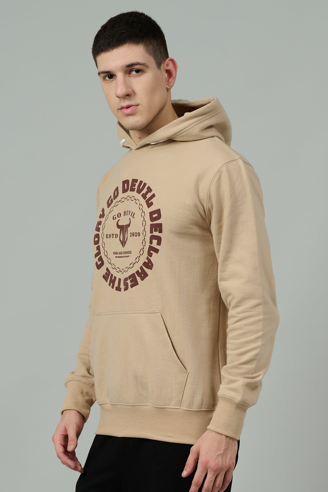 Go Devil Logo Printed Ivory Hoodie for Men