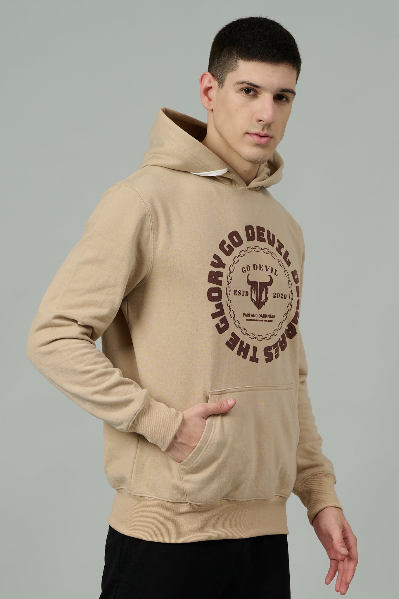 Go Devil Logo Printed Ivory Hoodie for Men