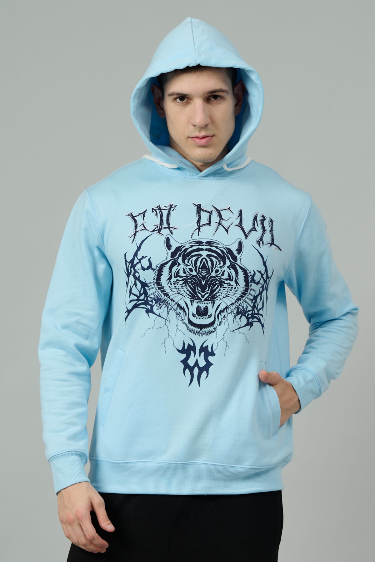 Go Devil (Tiger) Printed Sky Blue Hoodie for Men