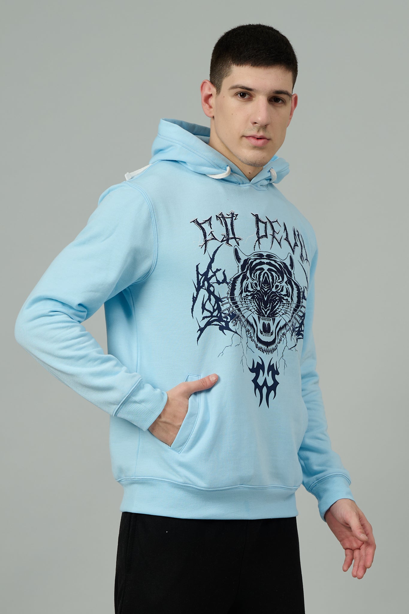 Go Devil (Tiger) Printed Sky Blue Hoodie for Men