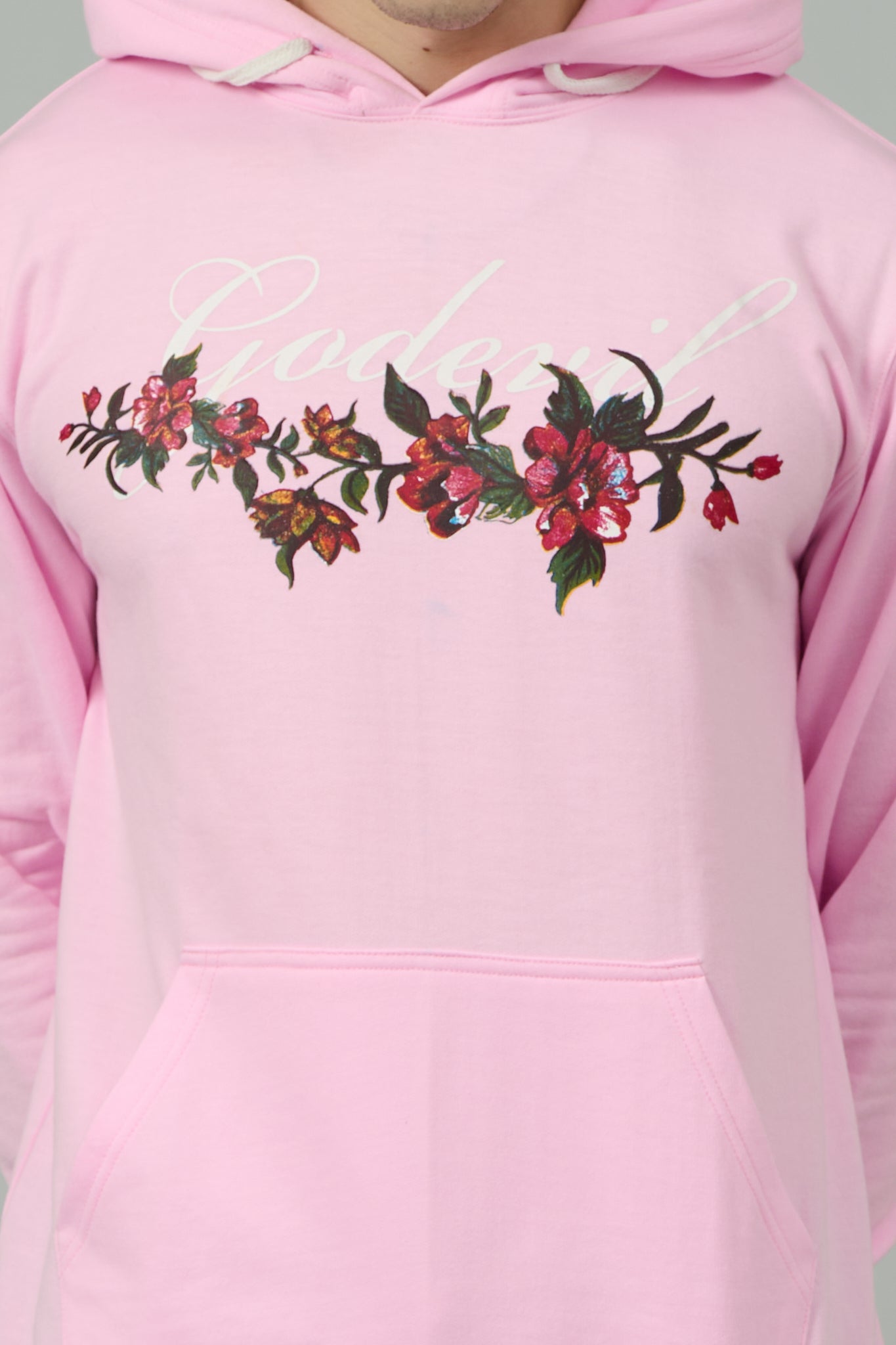 Go Devil with Flower Printed Pink Hoodie for Men