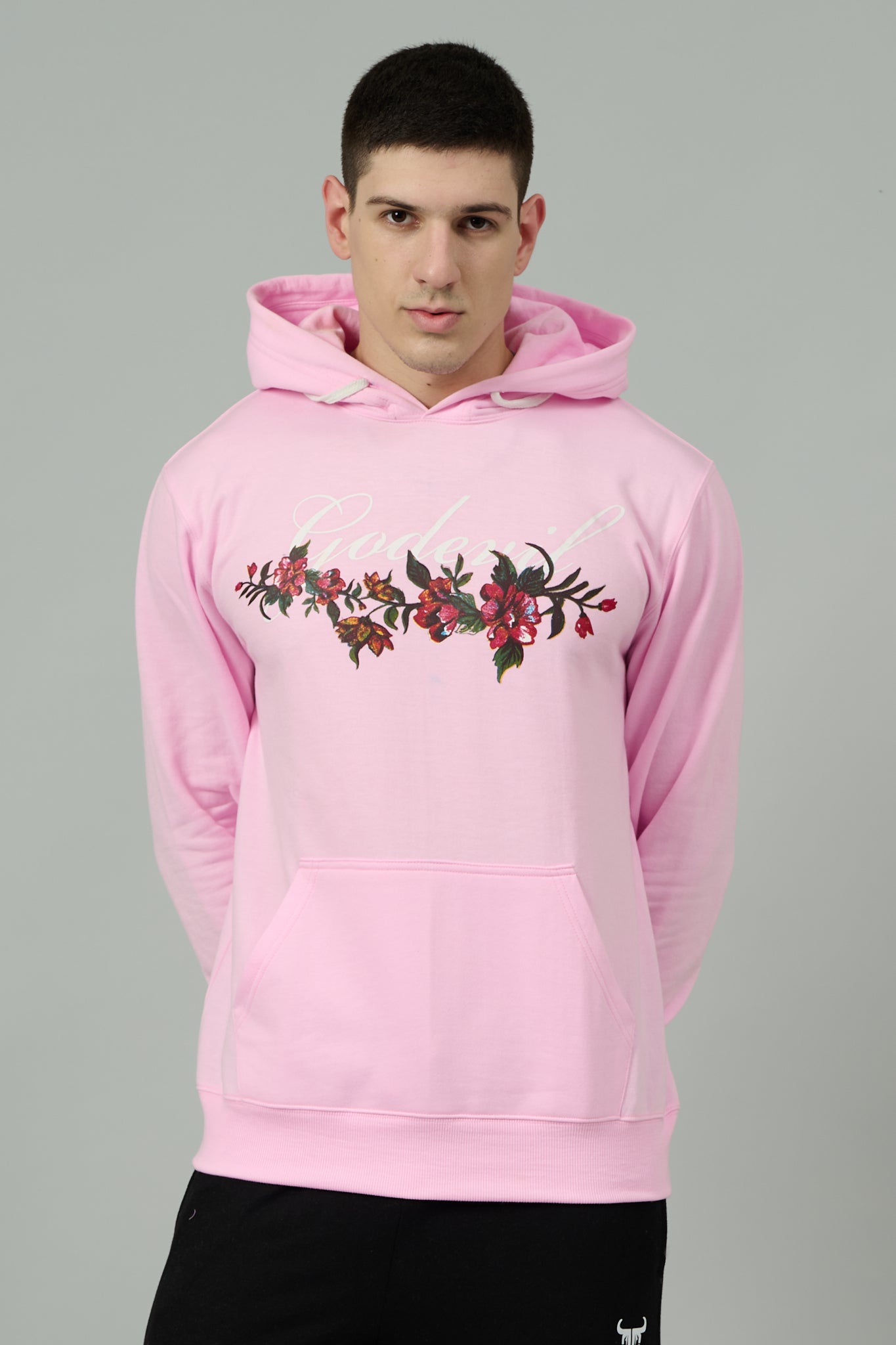 Go Devil with Flower Printed Pink Hoodie for Men