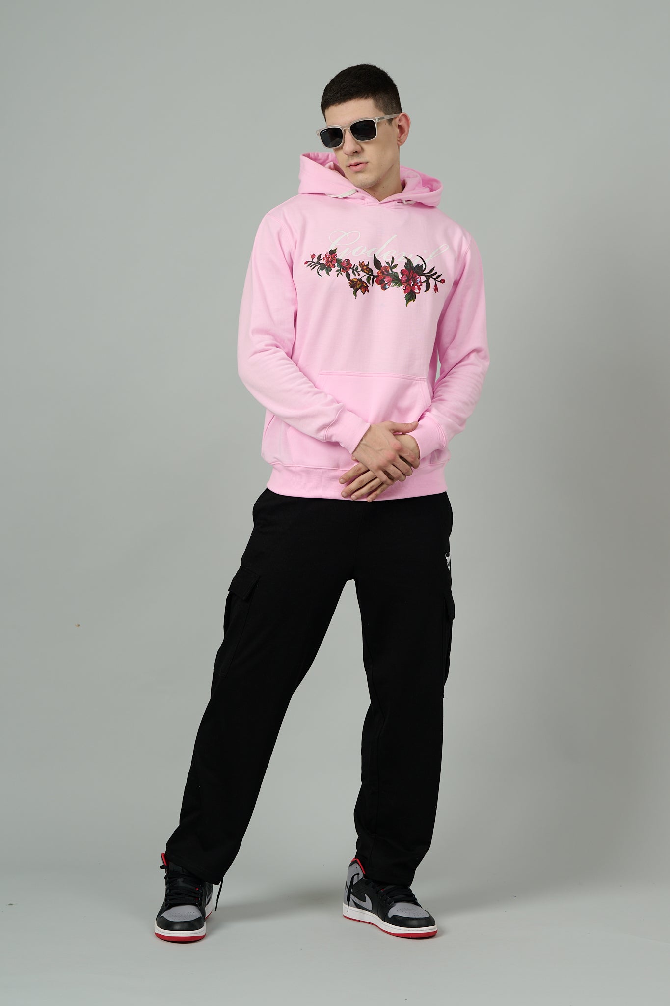 Go Devil with Flower Printed Pink Hoodie for Men