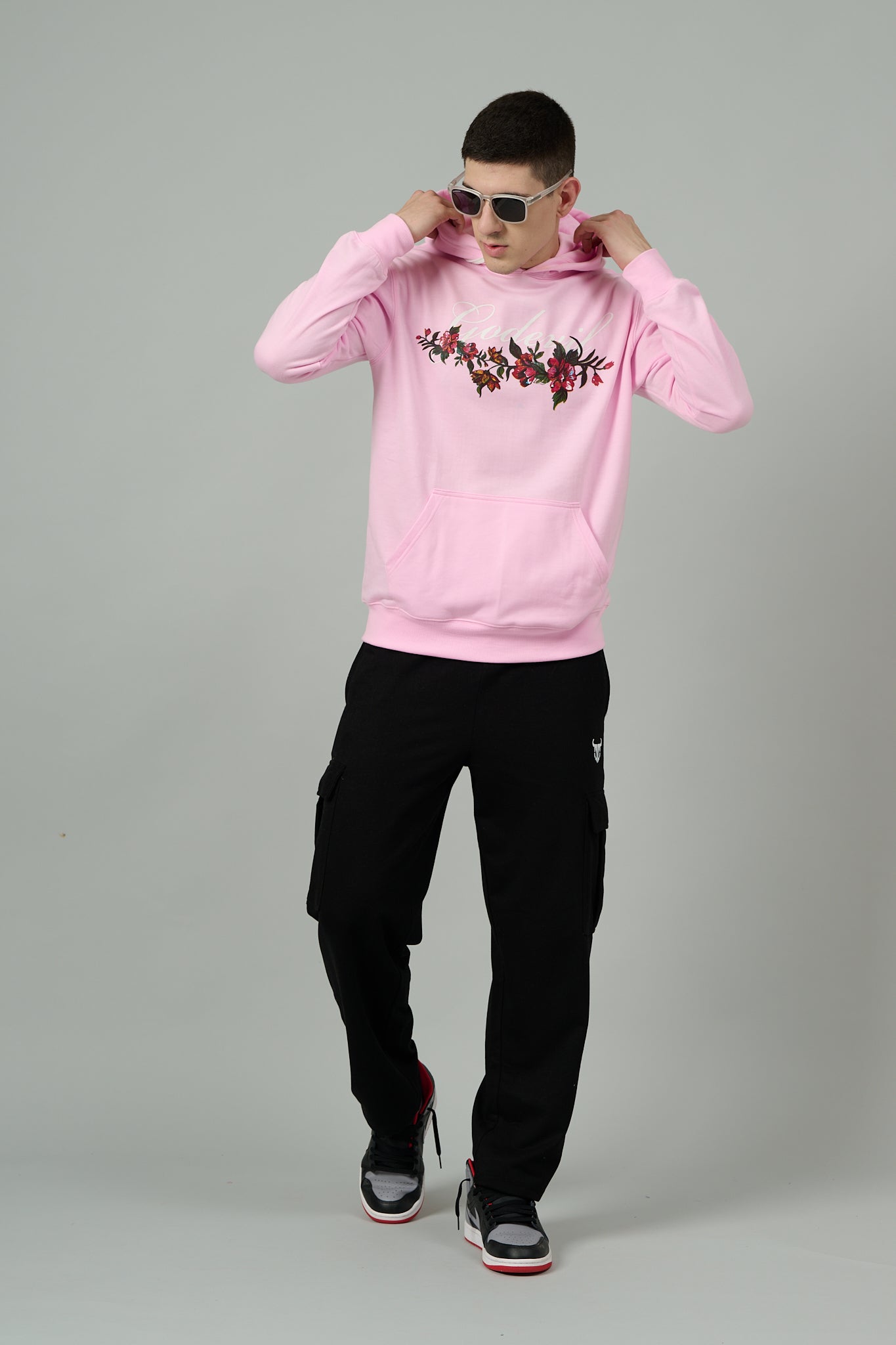 Go Devil with Flower Printed Pink Hoodie for Men