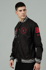 Tiger (in Red) Printed Black Varsity Jacket for Men