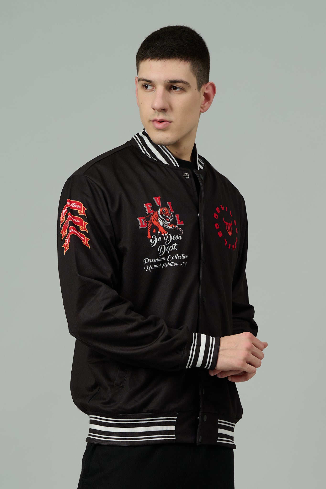 Tiger (in Red) Printed Black Varsity Jacket for Men