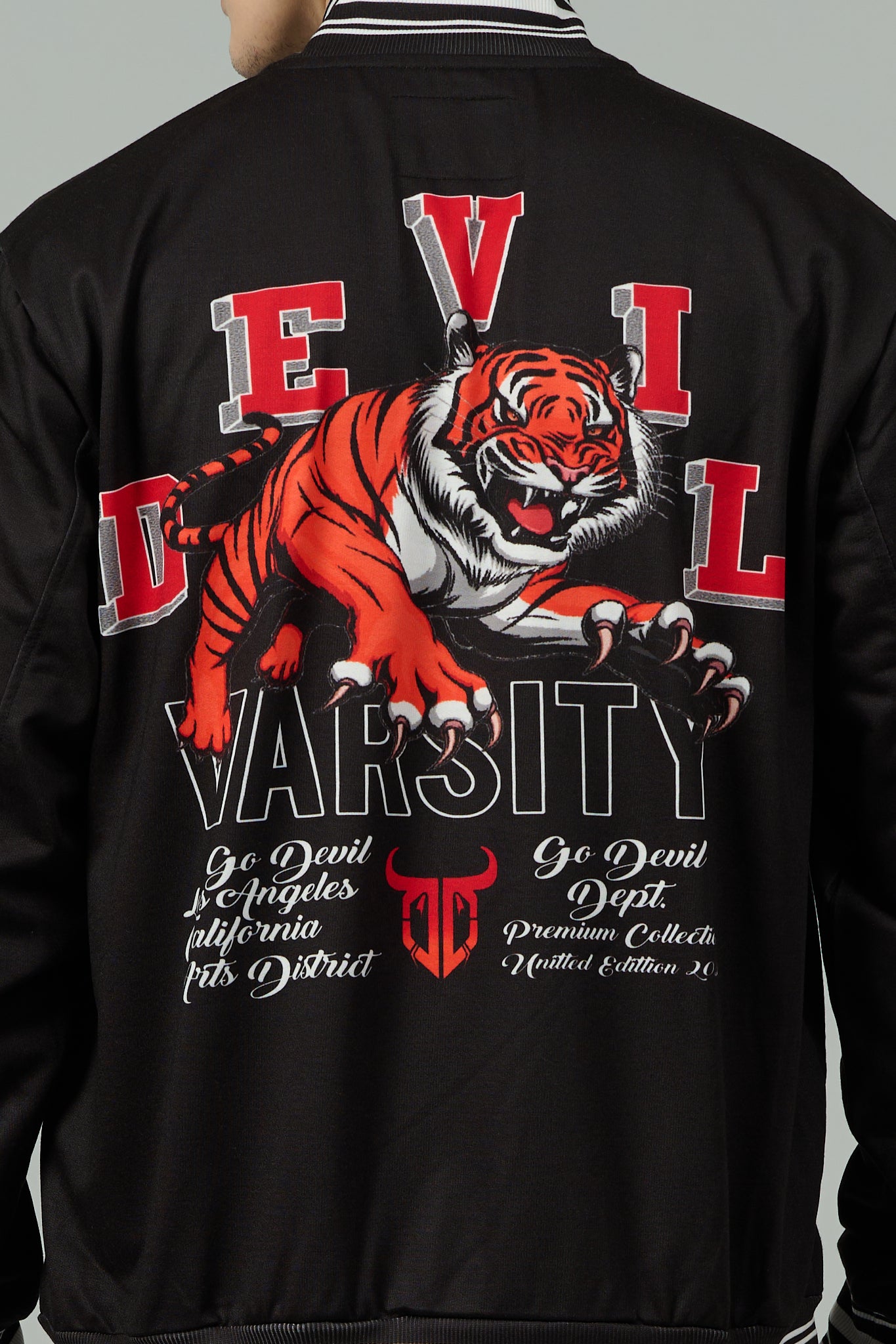 Tiger (in Red) Printed Black Varsity Jacket for Men