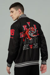 Tiger (in Red) Printed Black Varsity Jacket for Men