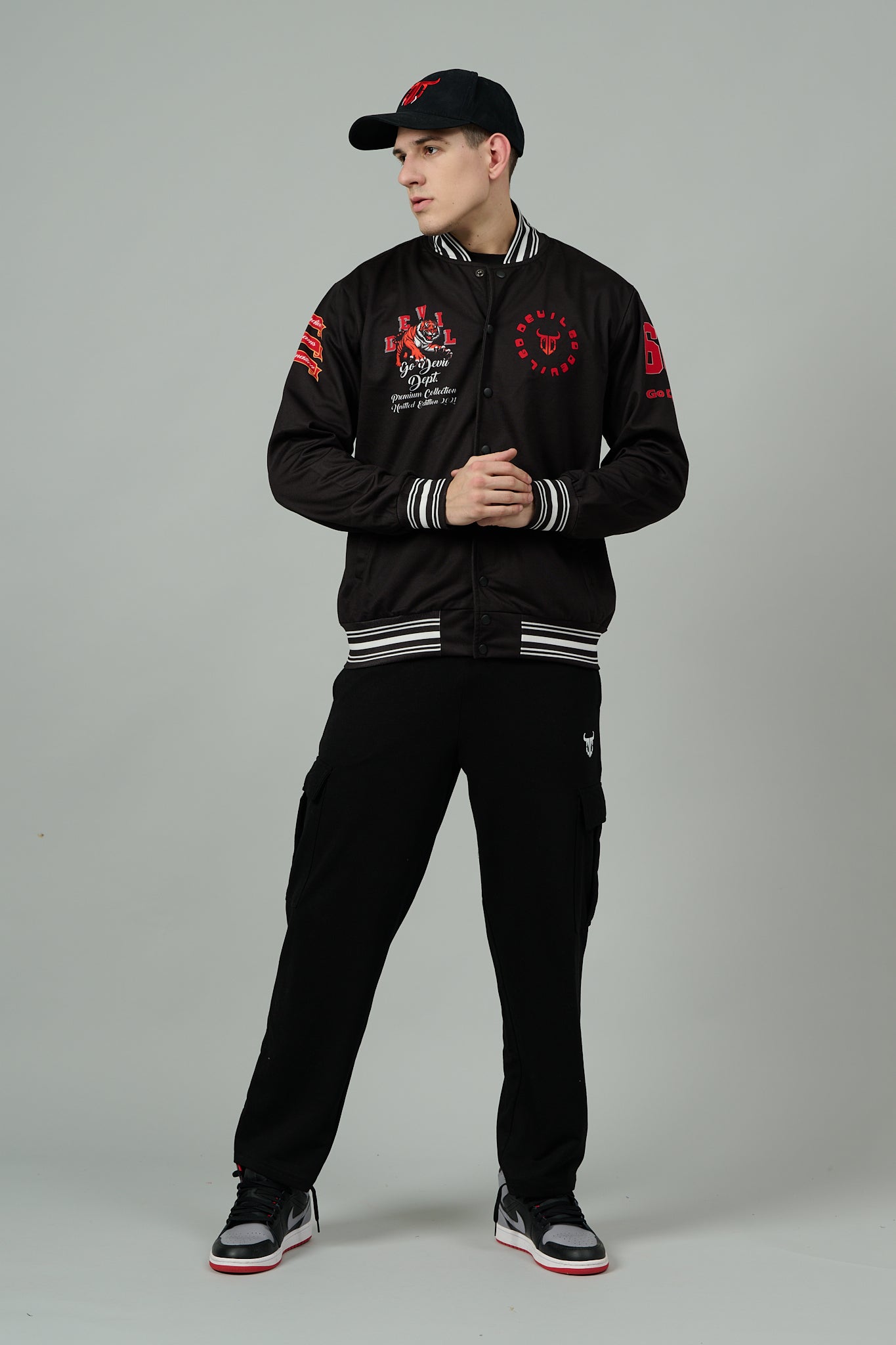 Tiger (in Red) Printed Black Varsity Jacket for Men