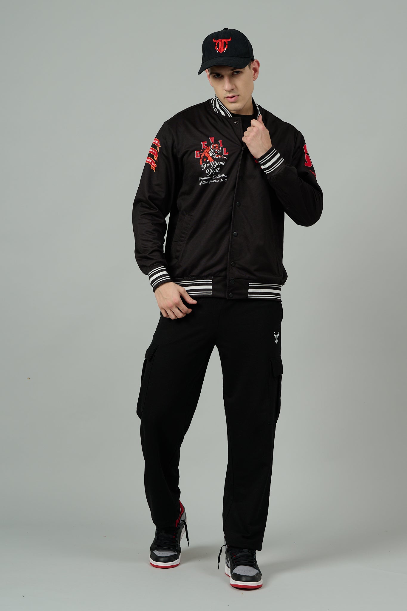 Tiger (in Red) Printed Black Varsity Jacket for Men