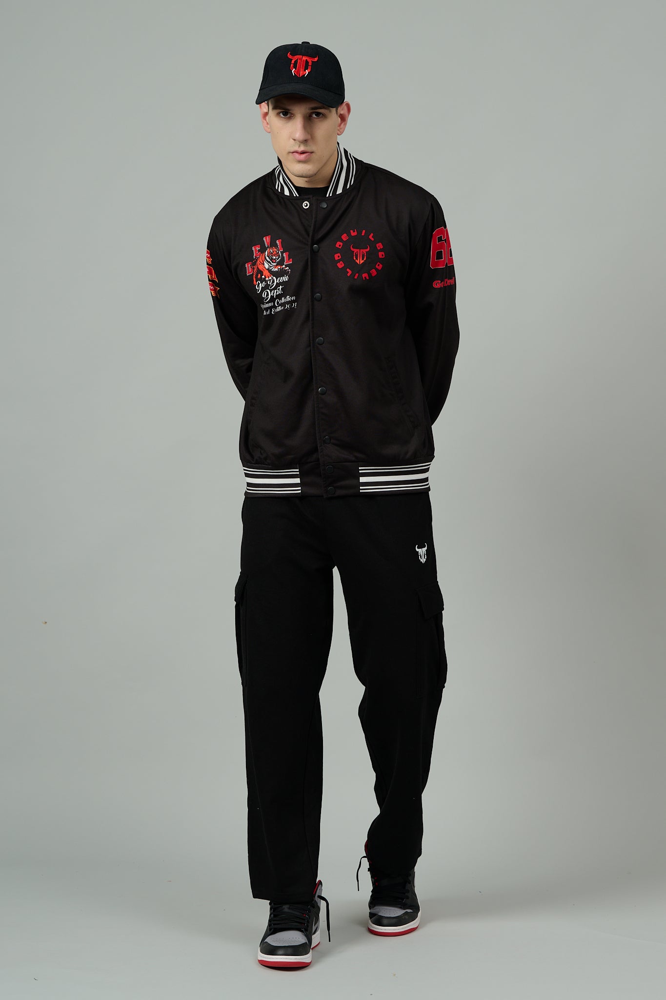 Tiger (in Red) Printed Black Varsity Jacket for Men