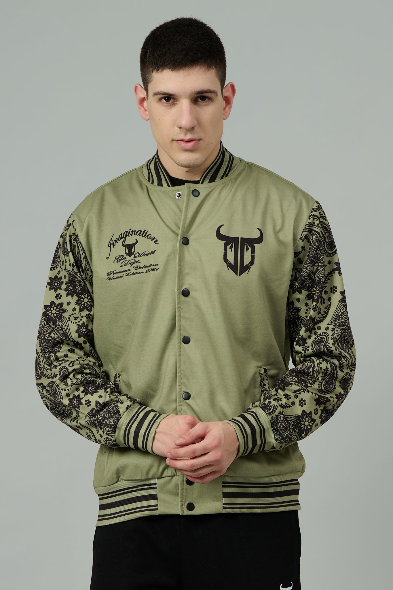 666 Imagination Printed Green Varsity Jacket for Men