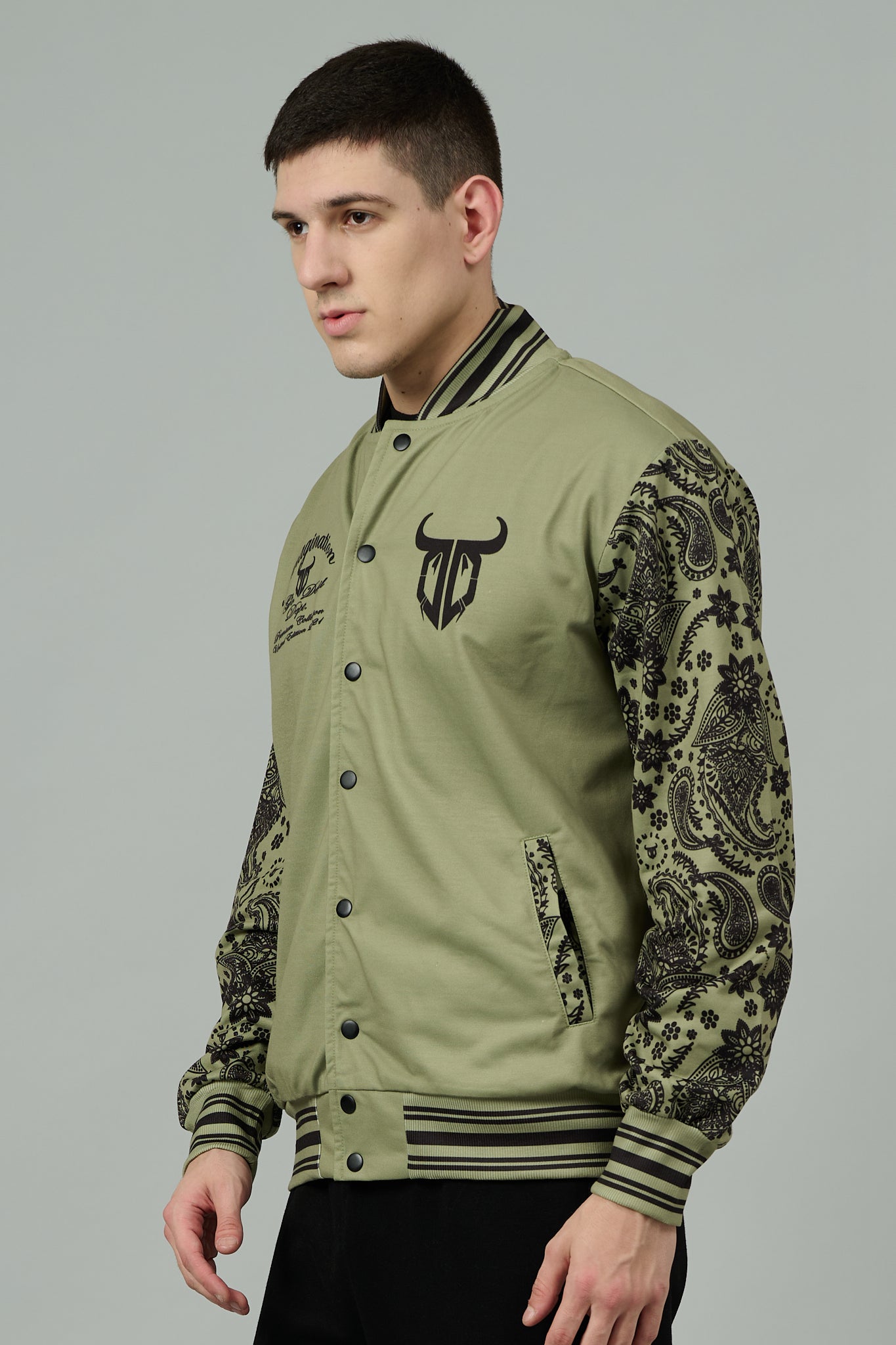 666 Imagination Printed Green Varsity Jacket for Men