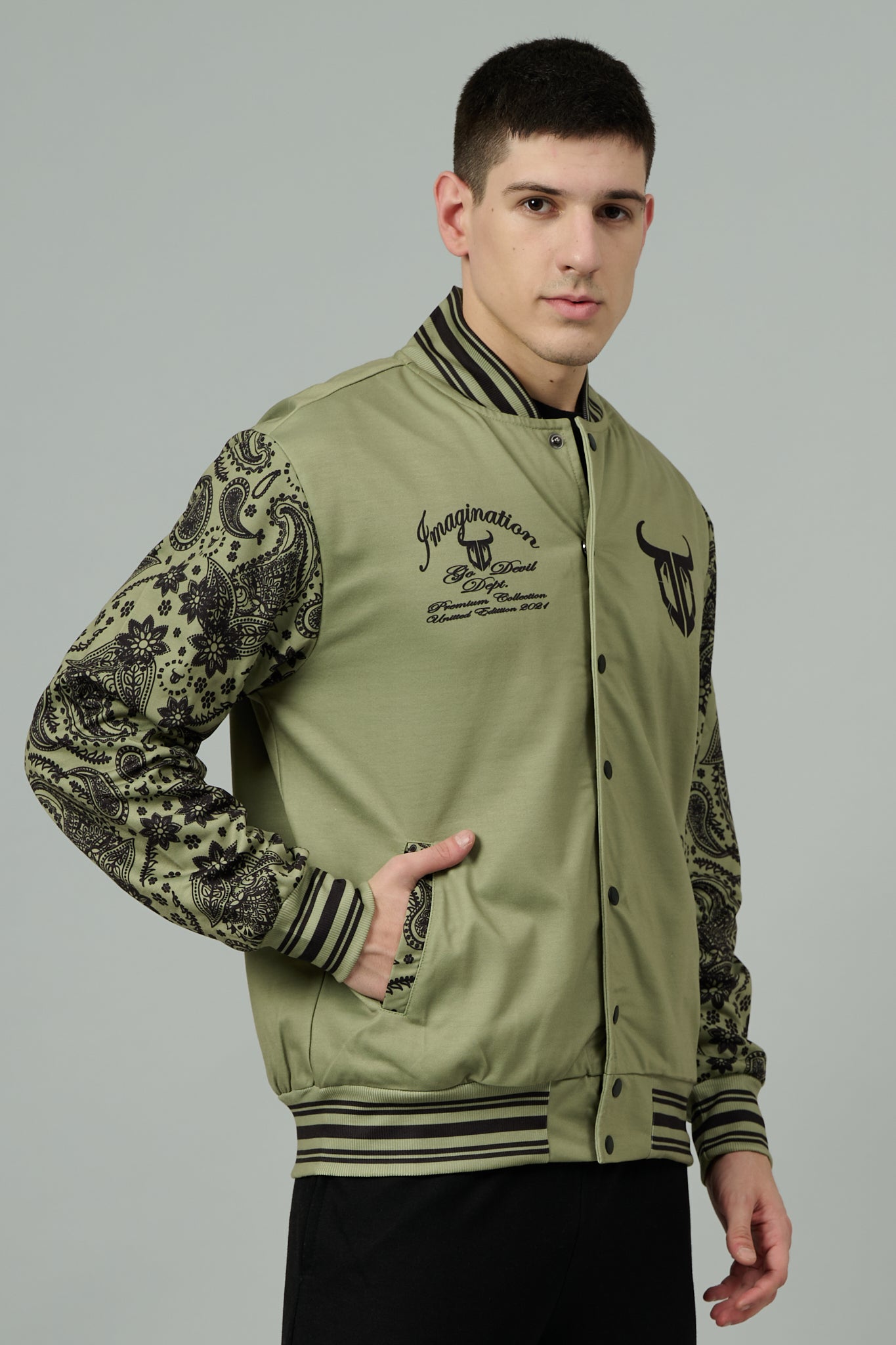 666 Imagination Printed Green Varsity Jacket for Men