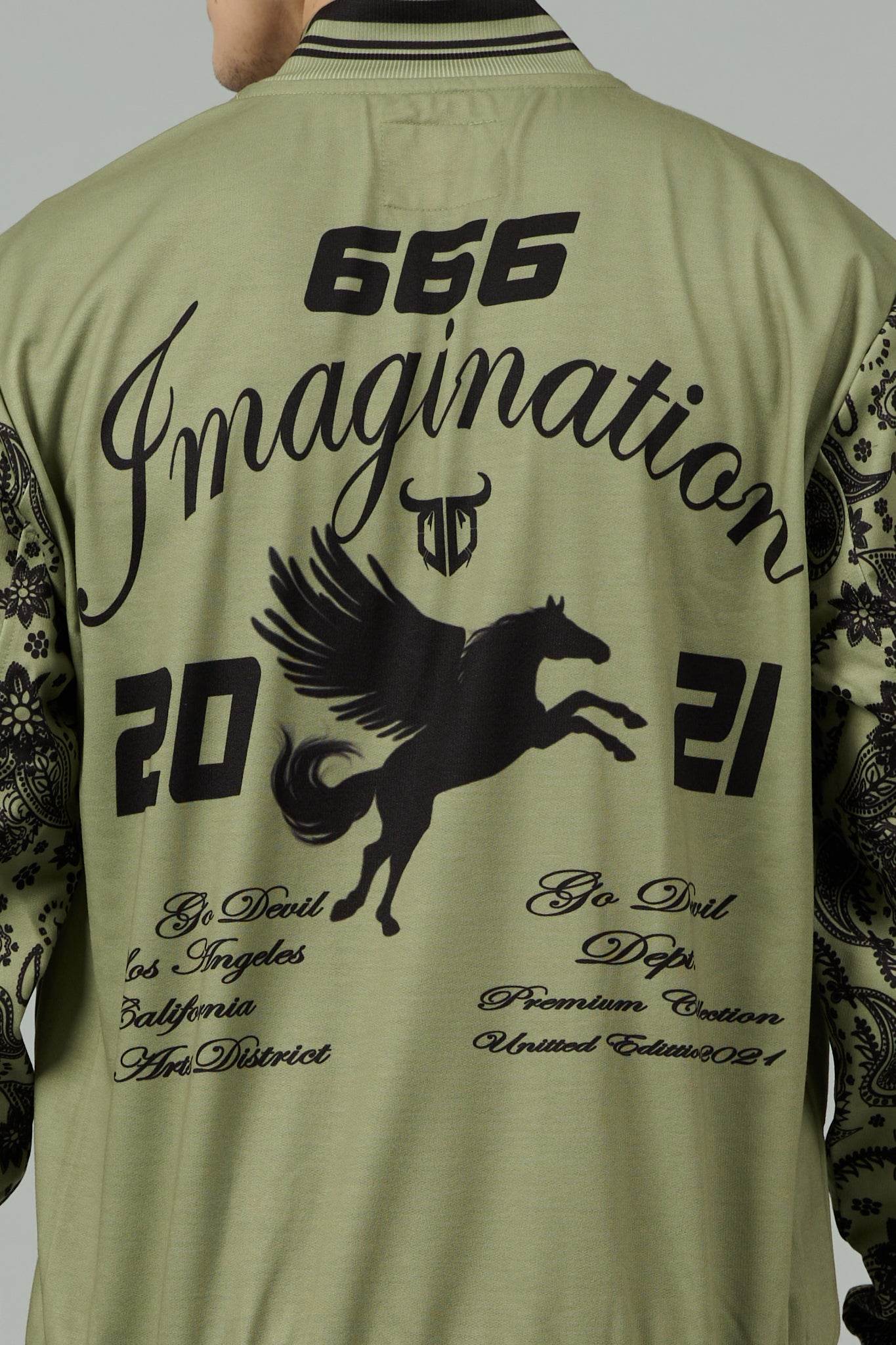 666 Imagination Printed Green Varsity Jacket for Men