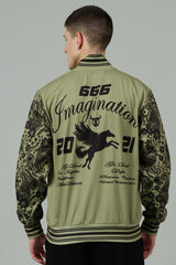 666 Imagination Printed Green Varsity Jacket for Men