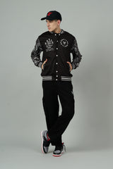 Tiger (in White) Printed Black Varsity Jacket for Men