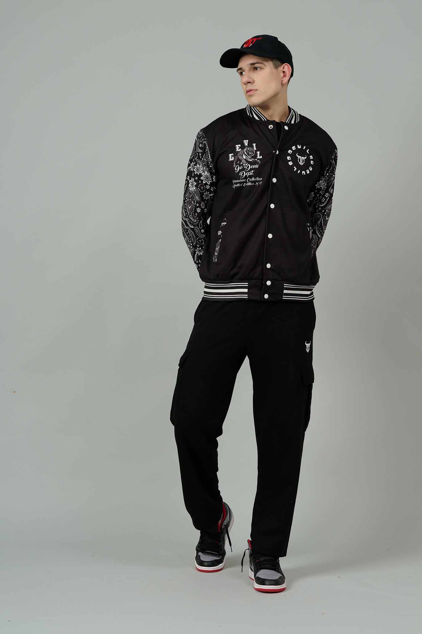 Tiger (in White) Printed Black Varsity Jacket for Men