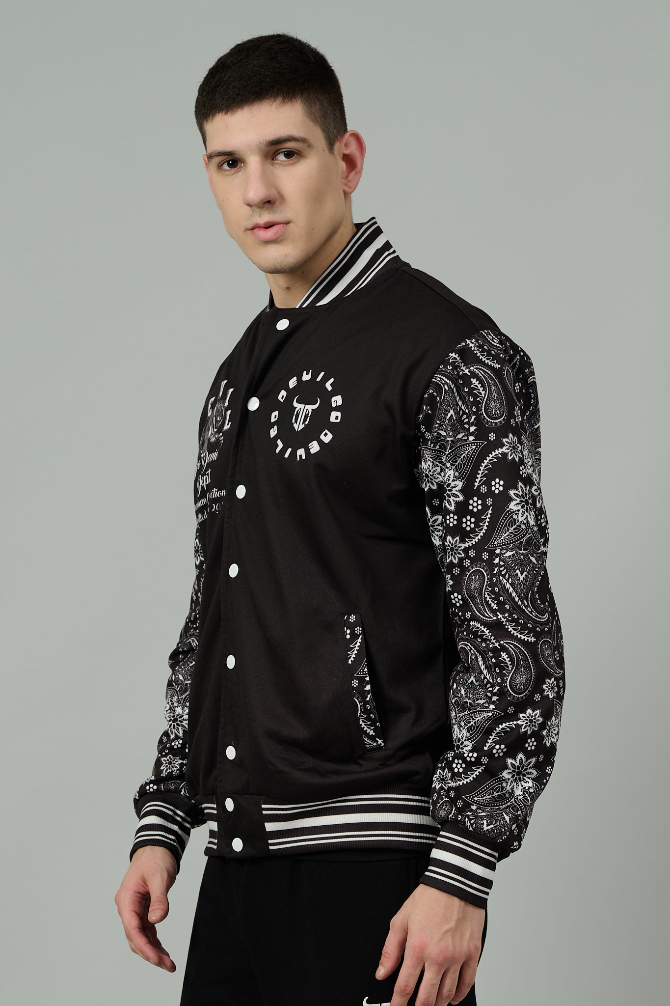 Tiger (in White) Printed Black Varsity Jacket for Men