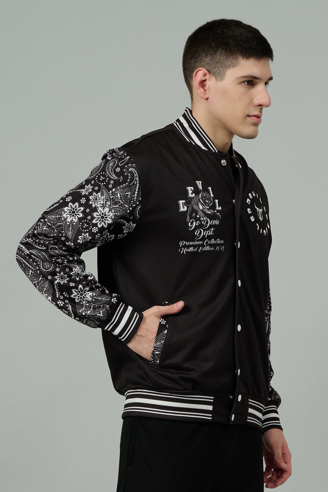 Tiger (in White) Printed Black Varsity Jacket for Men