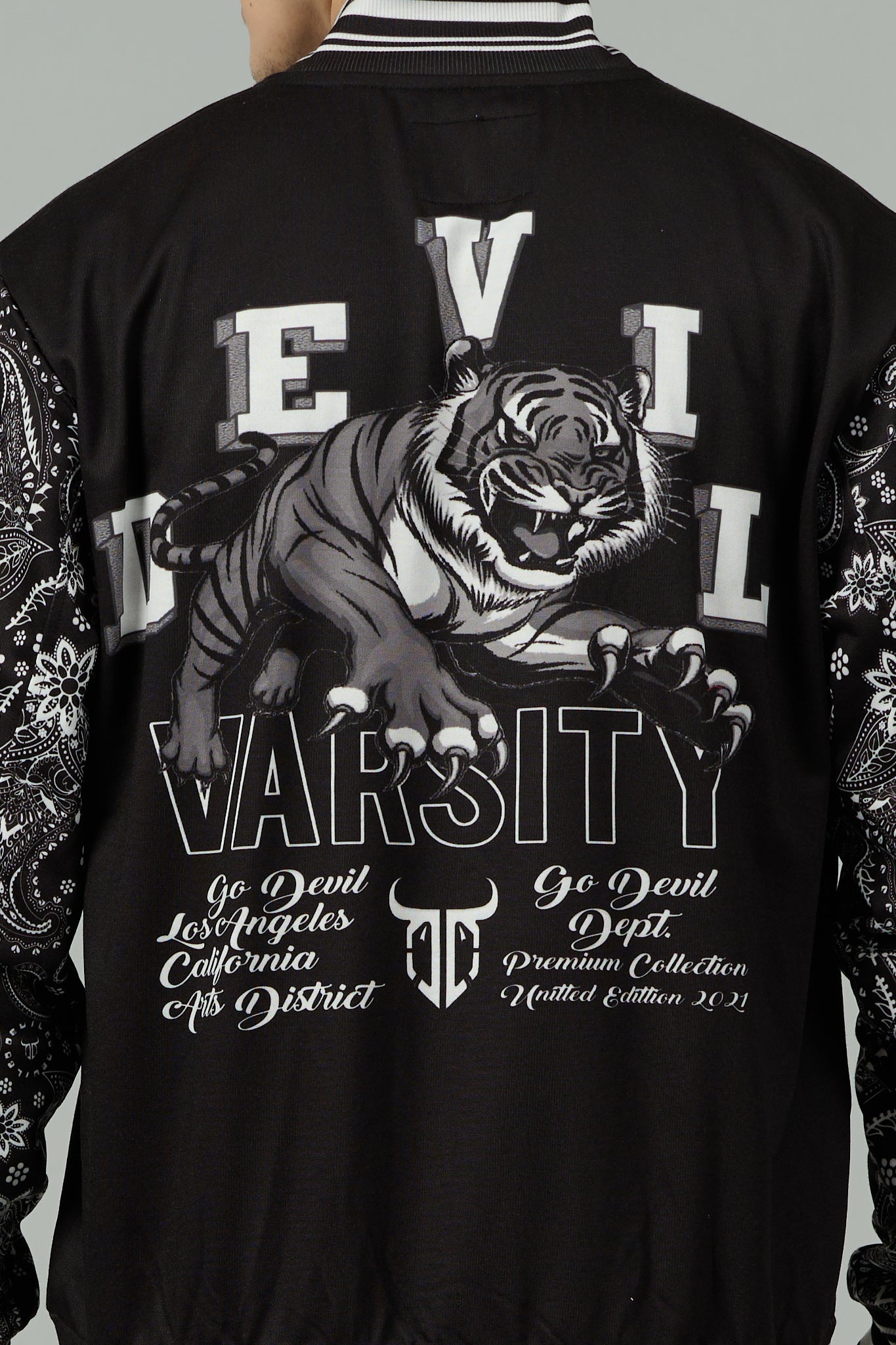 Tiger (in White) Printed Black Varsity Jacket for Men