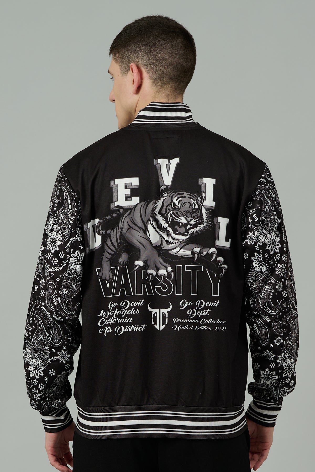 Tiger (in White) Printed Black Varsity Jacket for Men