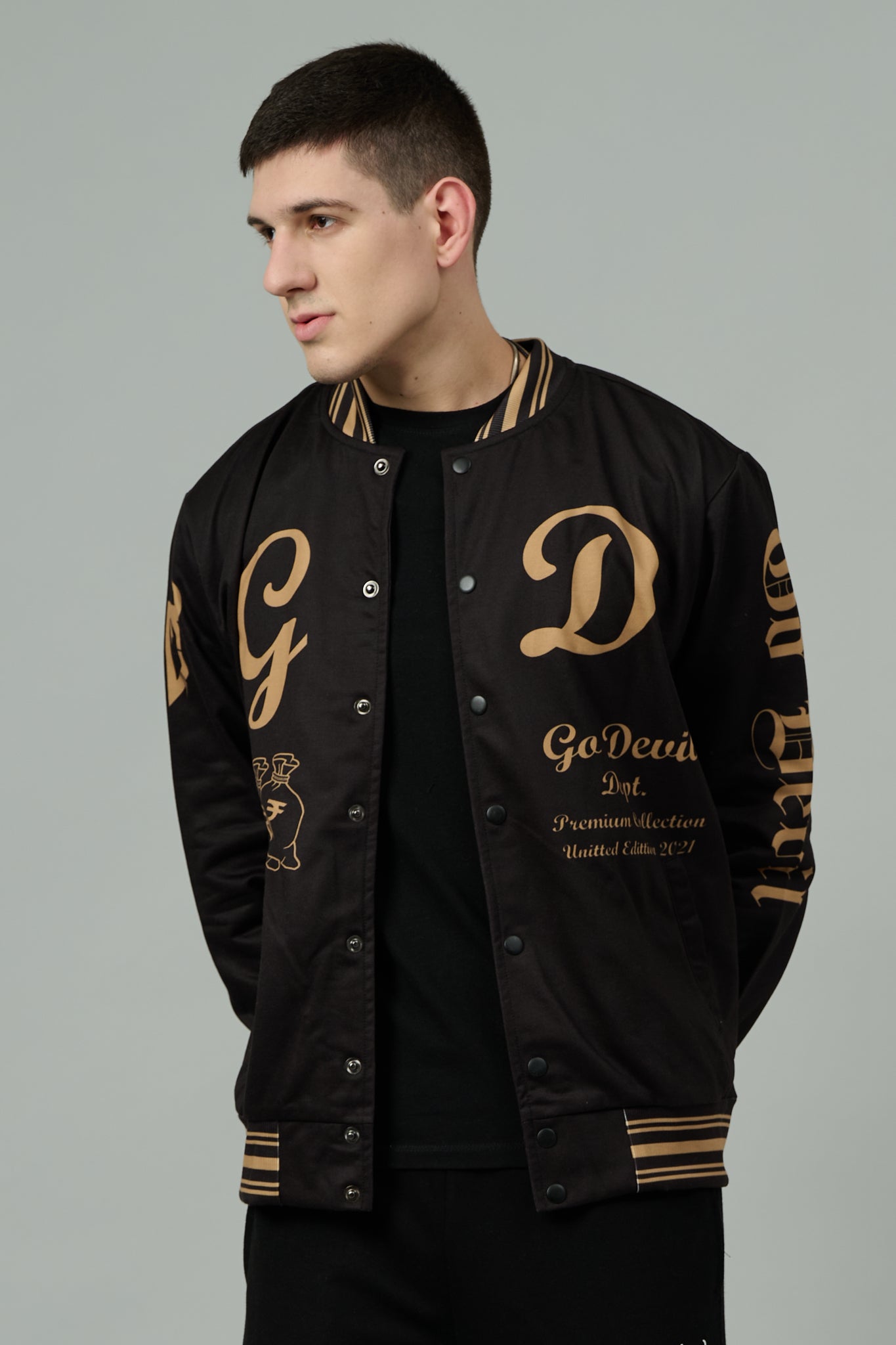 Skull (in Golden) Printed Black Varsity Jacket for Men Go Devil